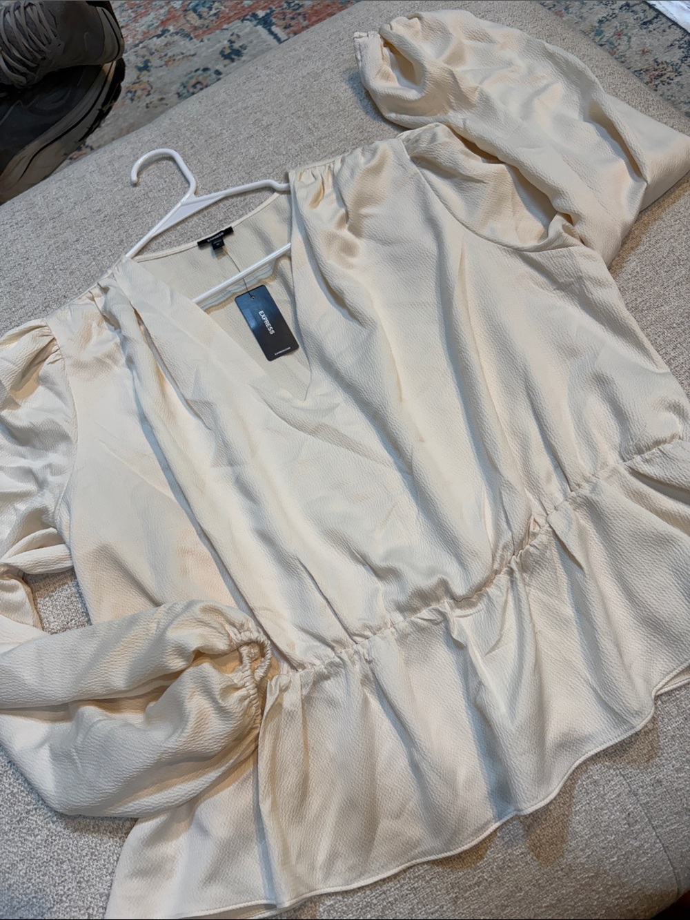 Express Cream Satin V-Neck Peplum Blouse with Puff Sleeves